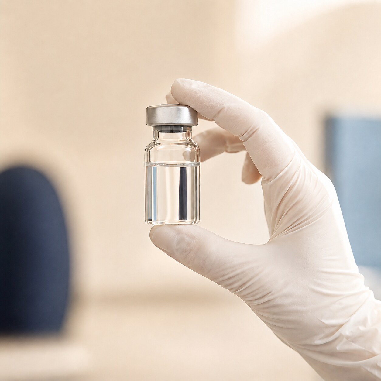 Gloved hand holding a pharmaceutical vial